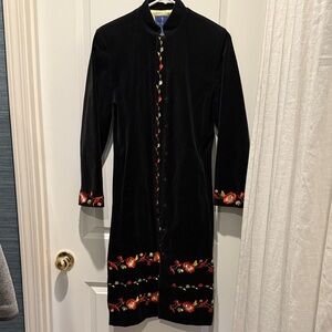 Tori Richard Honolulu Black velvet coat with Red Floral Embroidery